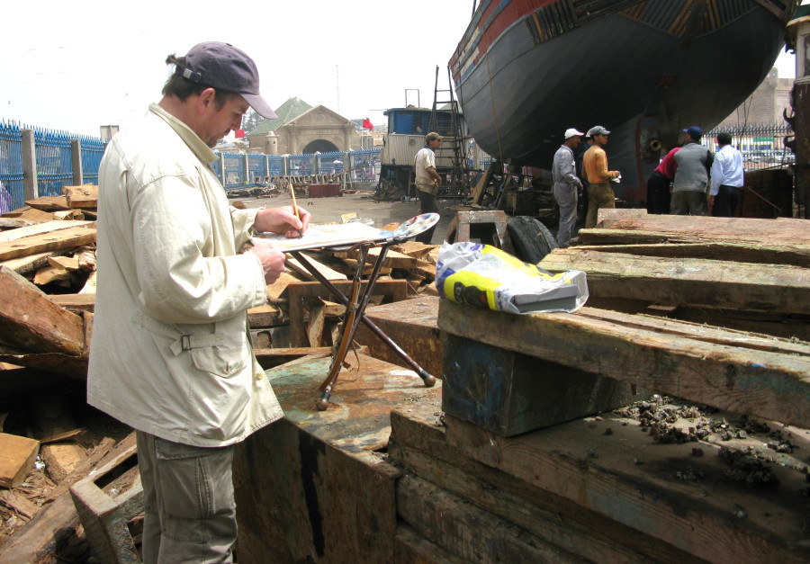 DR : Gouache sur le motif au port d'Essaouira au Maroc.