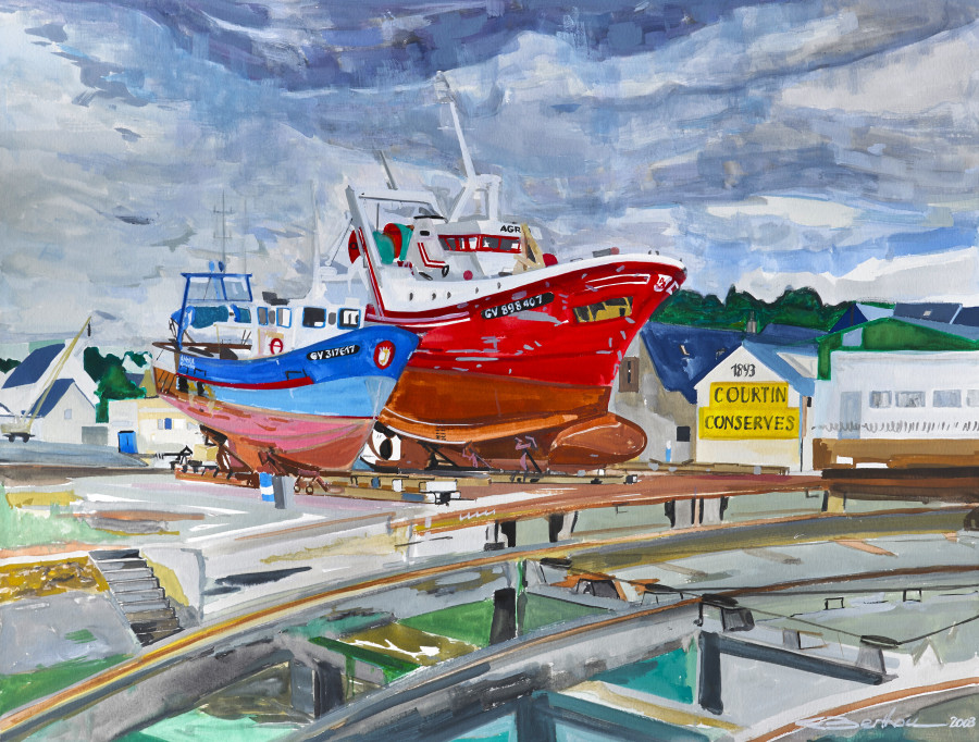 © Eric Berthou : Gouache sur le motif au port de Concarneau : Chalutiers à l'entretien.